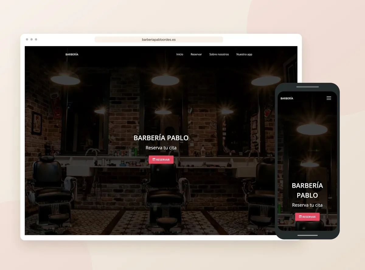 Web de Barbería Pablo en ordenador y móvil, con su local y el acceso a la reserva de citas