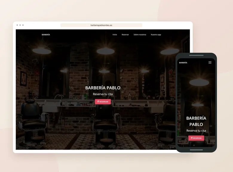 Web de Barbería Pablo en ordenador y móvil, con su local y el acceso a la reserva de citas