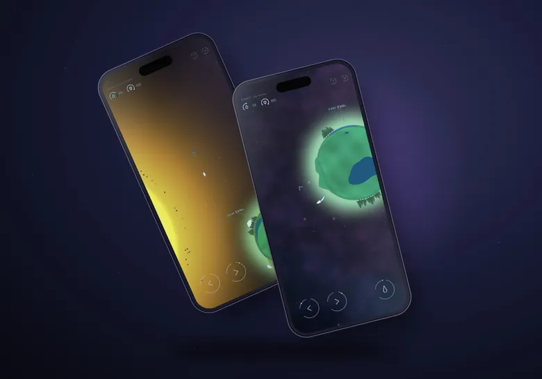 Dos teléfonos con Crossing Space: la nave cerca de un sol y llegando a un planeta verde