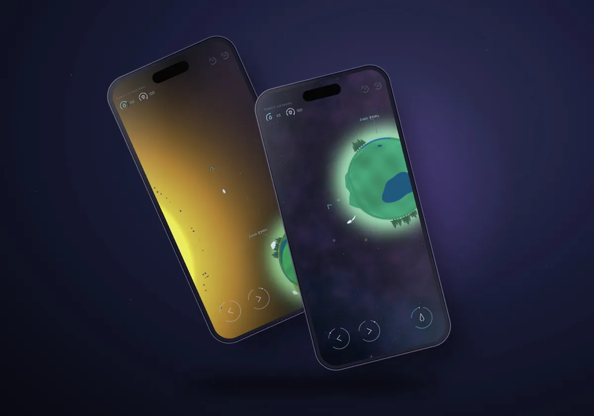 Dos teléfonos con Crossing Space: la nave cerca de un sol y llegando a un planeta verde