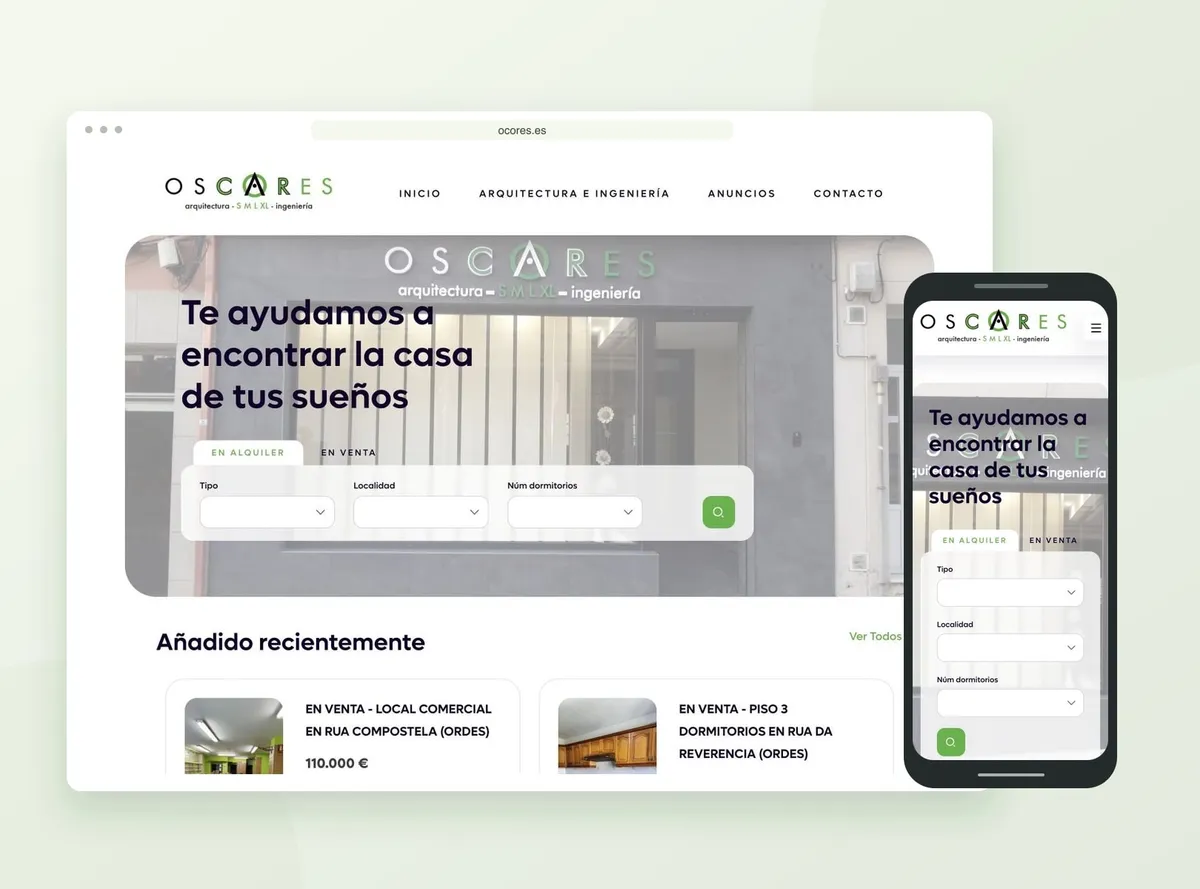 Portal de OCores en ordenador y móvil, con el buscador de inmuebles en venta y alquiler