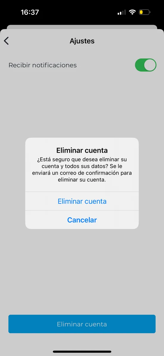 Pantalla de ajustes de Sportec con la opción de eliminar cuenta